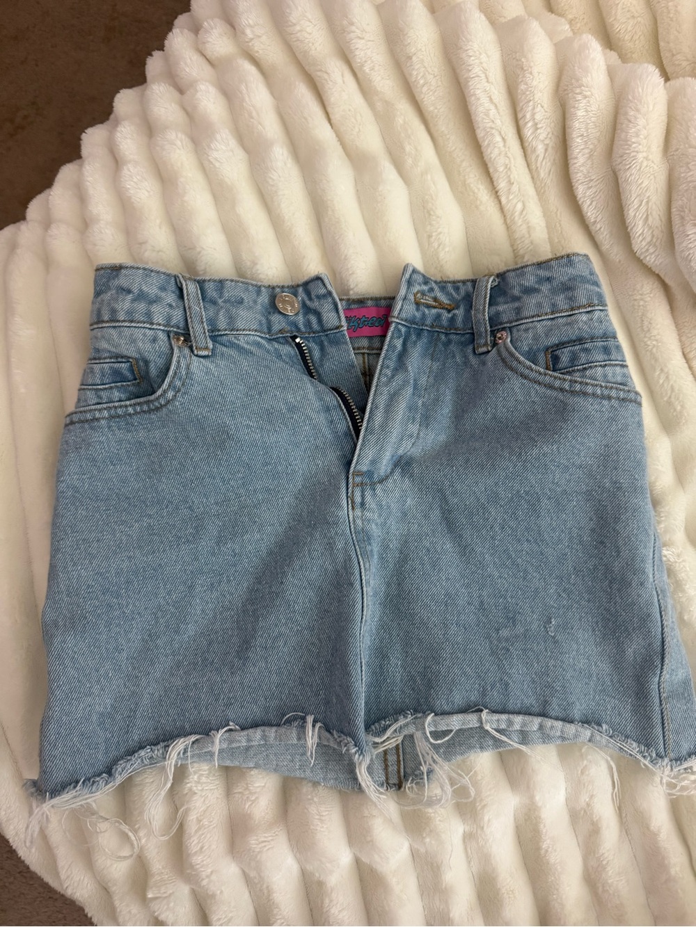 Edikted Light Blue Denim Mini Skirt with Raw Hem
